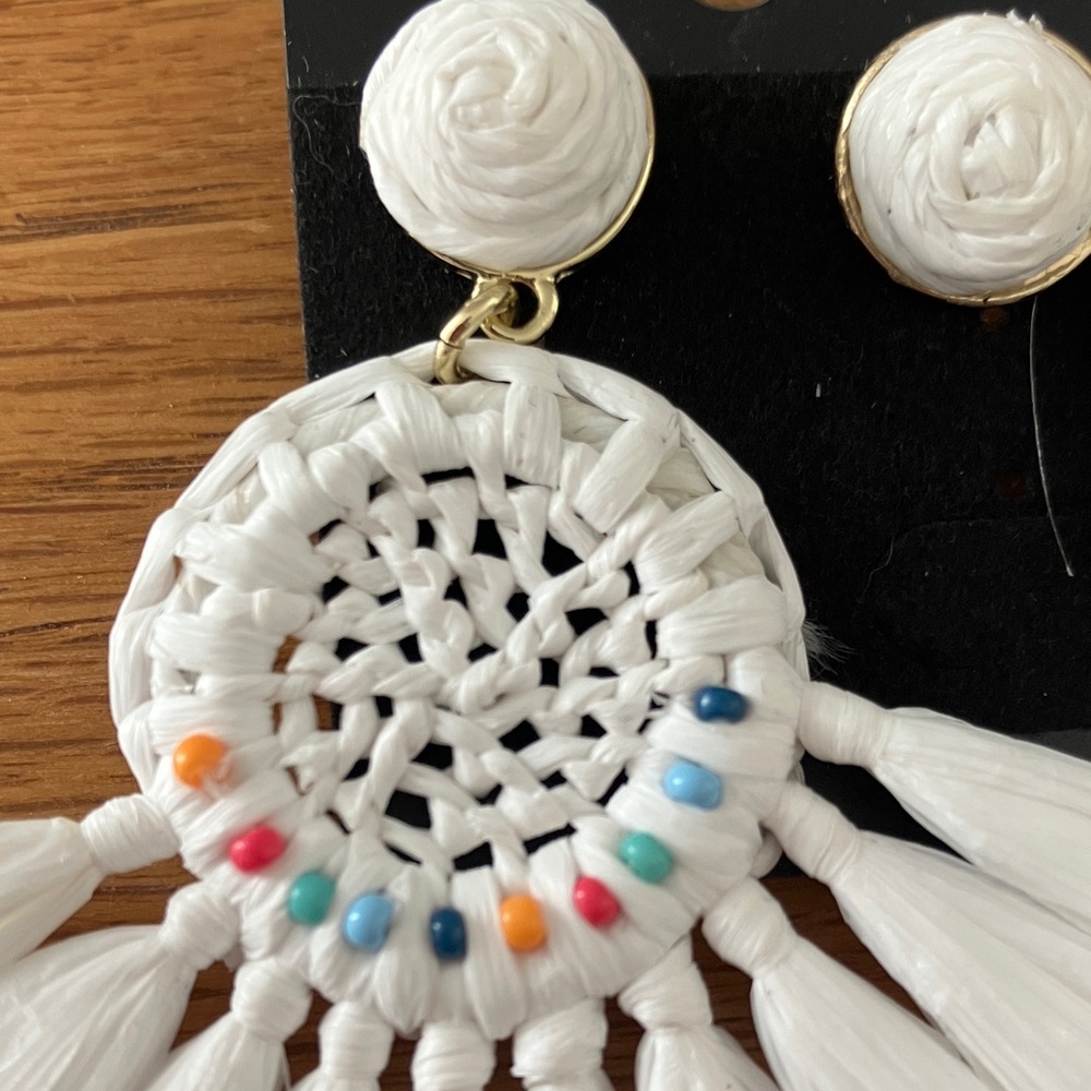 J. Crew White Multi Raffia Fan colorful Bead Drop Earrings - Picture 3 of 5